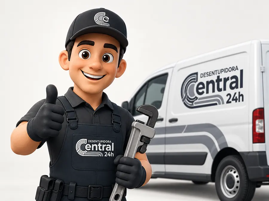 Técnico da Desentupidora Central 24h em frente à van da empresa