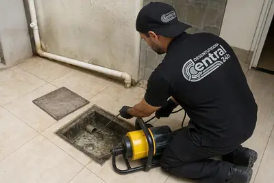 Técnico uniformizado desentupindo a tubulação de uma caixa de gordura residencial